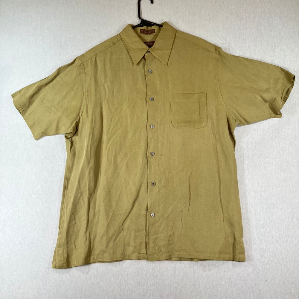 Tasso Elba Shirt Mens L Silk Linen Yellow Short Sleeve Button Down Shirt